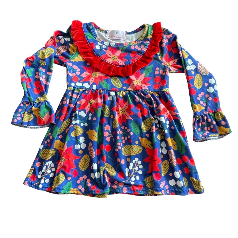 Wellie Kate Girls Christmas‎ Poinsettia Floral Dress Blue Red Velvet Ruffle Trim